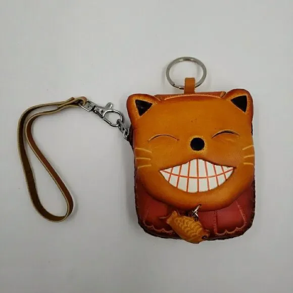 Lucky Cat Coin Purse Leather Maneki Neko Wallet Keychain Fish Charm - Picture 9 of 14